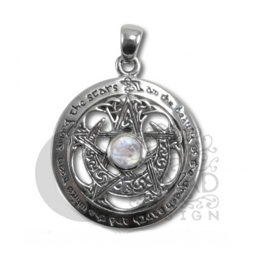 Large Cut Out Moon Pentacle Pendant - Rainbow Moonstone - Click Image to Close