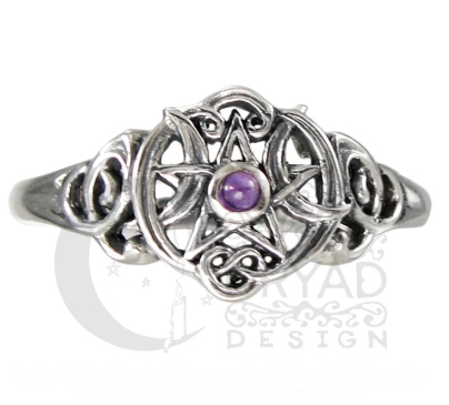Sterling Silver Heart Pentacle Ring with Amethyst sz 5 - Click Image to Close