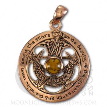 Copper Large Cut Out Moon Pentacle Pendant with Amber - Click Image to Close
