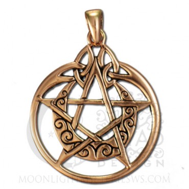 Copper Crescent Moon Pentacle Pendant with Circle - Click Image to Close