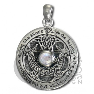 Sterling Silver Moon Pentacle Pendant with Rainbow Moonstone - Click Image to Close
