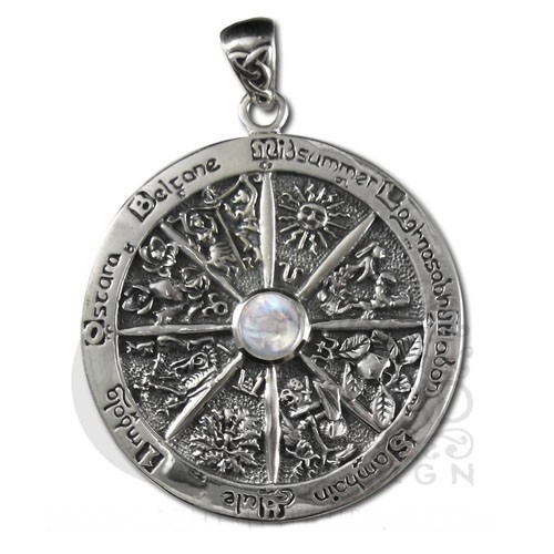 Sterling Silver Wheel of the Year Pendant with Rainbow Moonstone - Click Image to Close