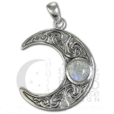 Sterling Silver Horned Moon Crescent Pendant - Rainbow Moonstone - Click Image to Close