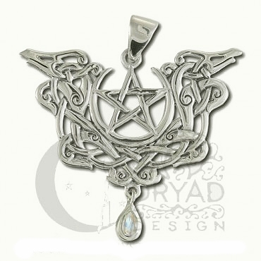 Sterling Silver Dragon Pentacle Pendant with Rainbow Moonstone - Click Image to Close