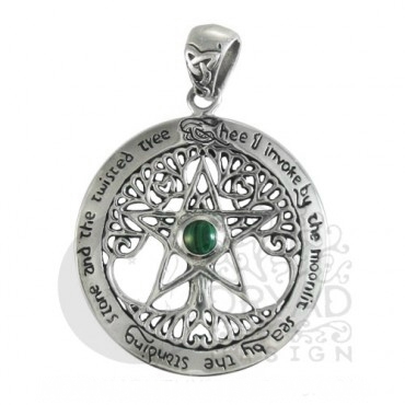 Sterling Silver XL Cut Out Tree Pentacle Pendant - Malachite - Click Image to Close