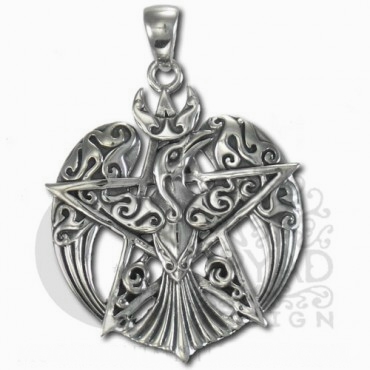 Sterling Silver Large Crescent Raven Pentacle Pendant - Click Image to Close