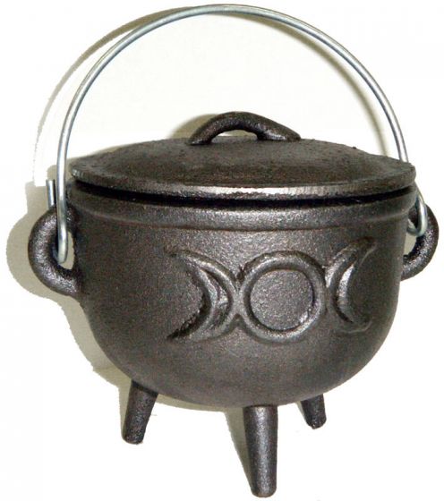 4.5 inch Cast Iron Cauldron with Lid, Triple Moon Goddess - Click Image to Close
