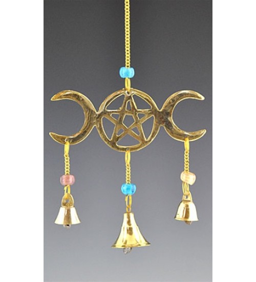 Triple Moon Wind Chime Brass with Beads 9"L - Click Image to Close