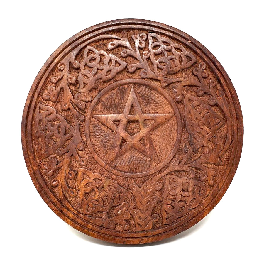 Carved wooden Pentagram & Triquetra altar tile 6"