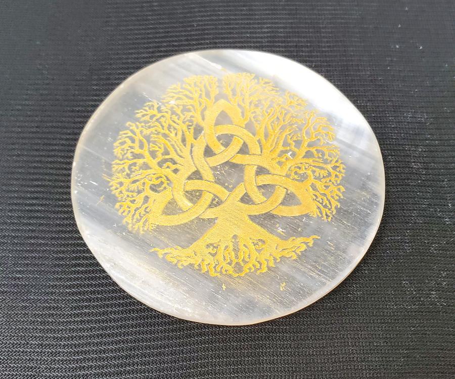 Selenite altar tile with gold Triquetra Tree of Life 3" - Click Image to Close