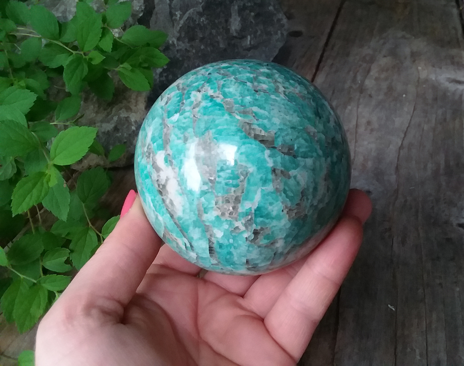 Amazonite w/ Smoky Quartz Crystal Sphere Large 3" - Click Image to Close