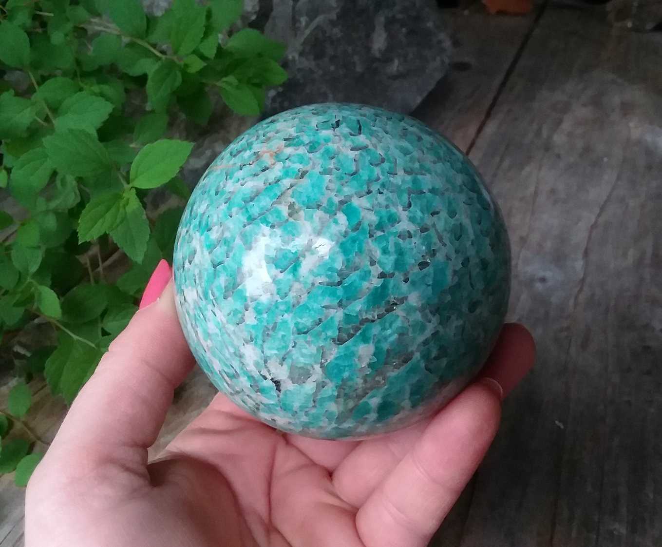 Amazonite w/ Smoky Quartz Crystal Sphere Large 3" - Click Image to Close