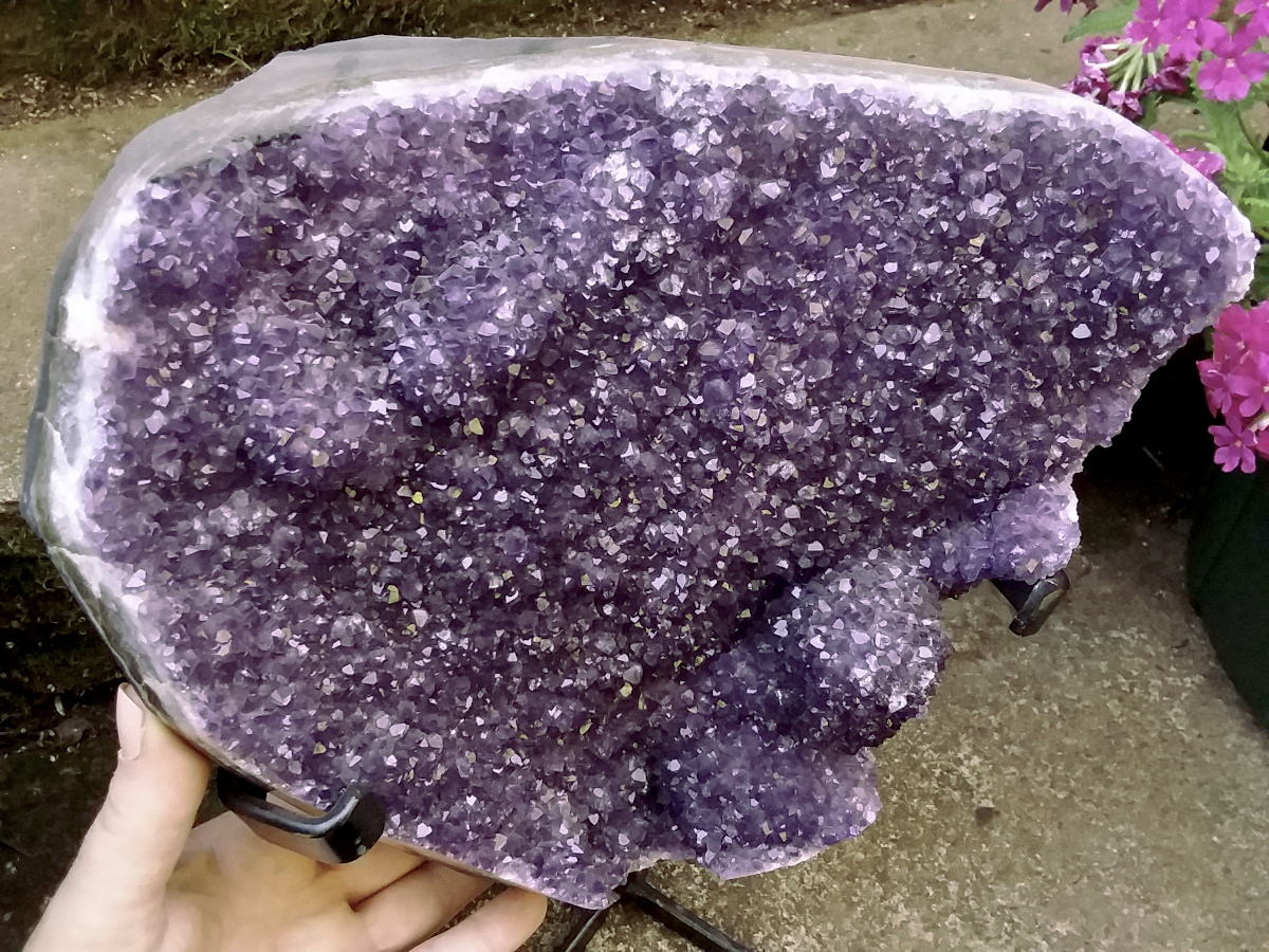 Large Amethyst cluster w/ polished edges on metal stand 12+ lbs - Click Image to Close