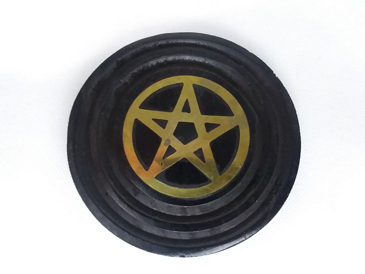 Black wood altar tile with metal Pentacle inlay - Gold - Click Image to Close