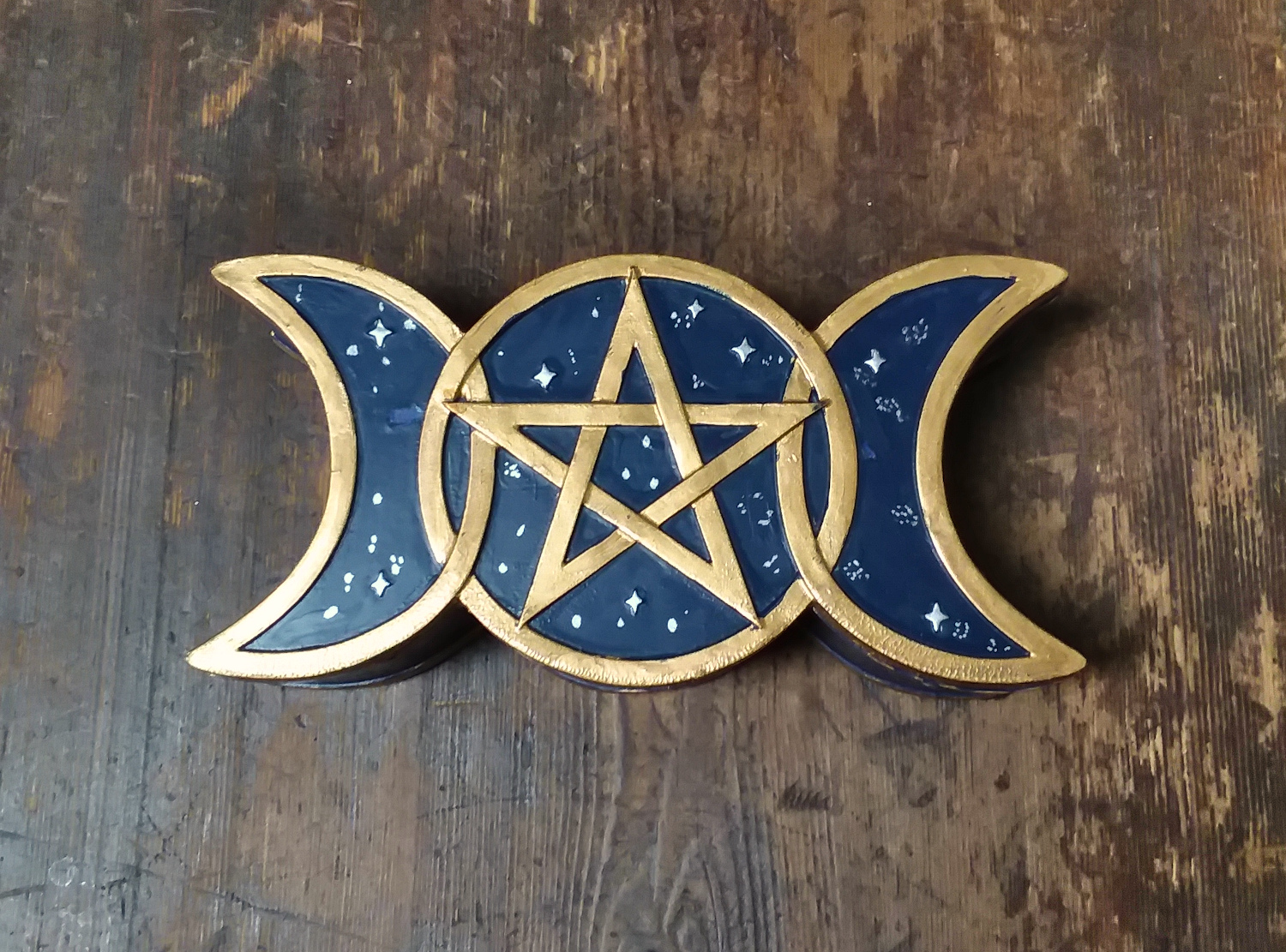 Triple Moon Goddess and Pentacle Box - Blue & Gold - Click Image to Close
