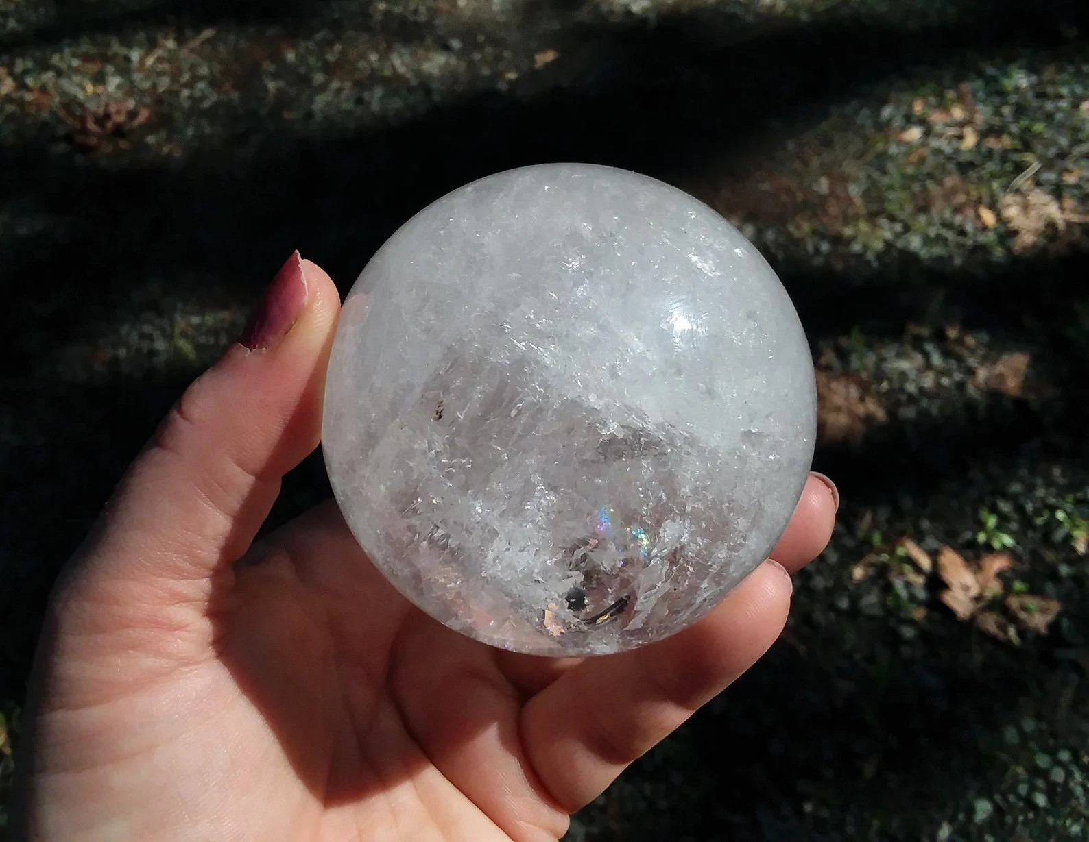 Clear Crystal Quartz sphere with rainbows 2.82" 1lb+ - Click Image to Close