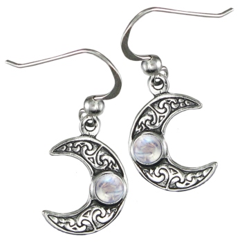 Horned Moon Crescent Earrings with Rainbow Moonstone - Click Image to Close