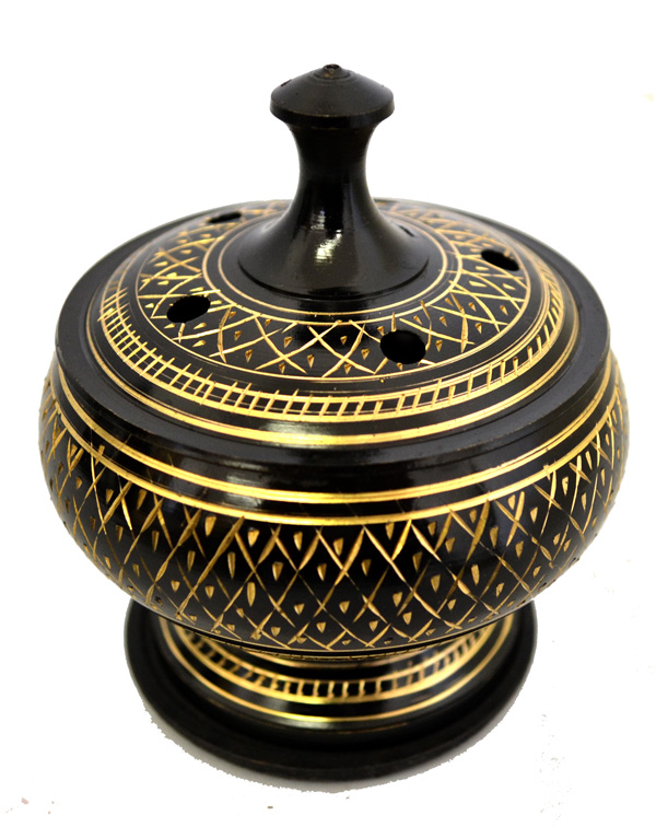 Black Carved Brass Burner Incense, Smudge Pot w/ lid and coaster - Click Image to Close