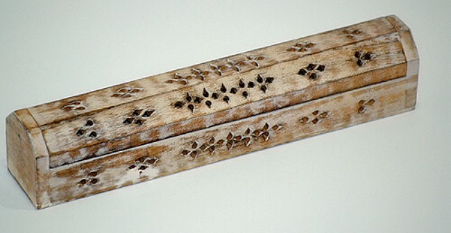 White Wash Carved Wood Incense Box Burner 12"L - Click Image to Close