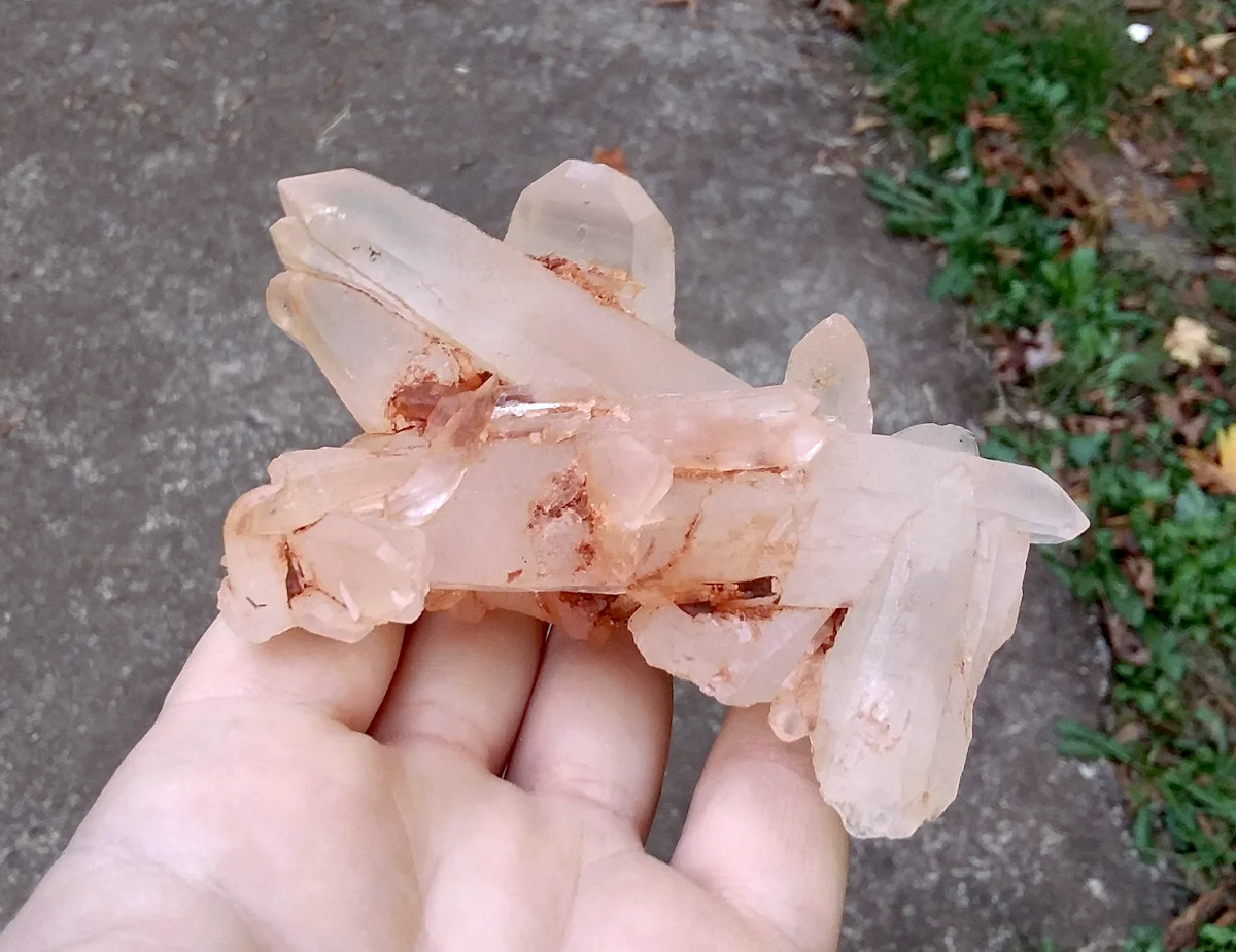 Lemurian raw crystal quartz point cluster with Red Ghost Phantom - Click Image to Close