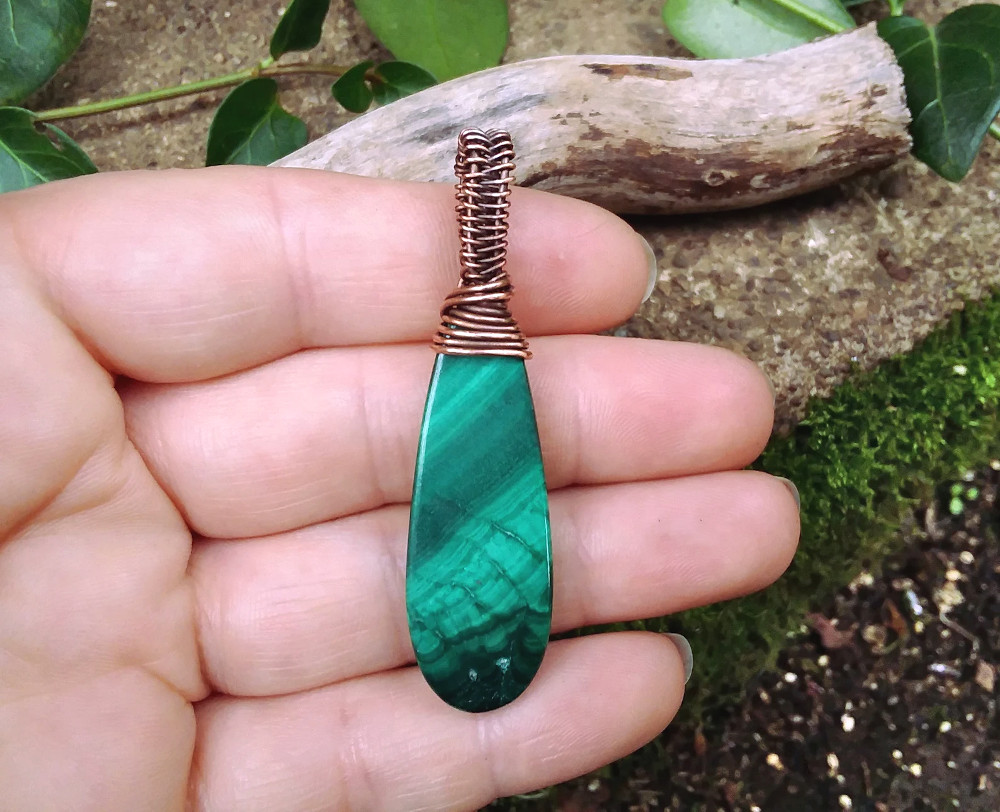 Green Malachite teardrop wire wrapped pendant - Click Image to Close