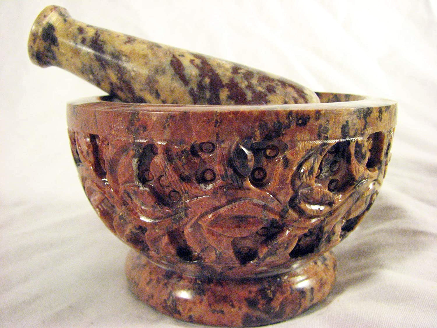 Carved Floral Soapstone Mortar & Pestle - Click Image to Close