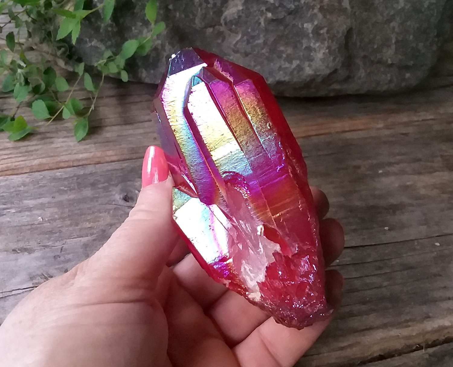 Hot pink rainbow aura crystal quartz cluster - Click Image to Close
