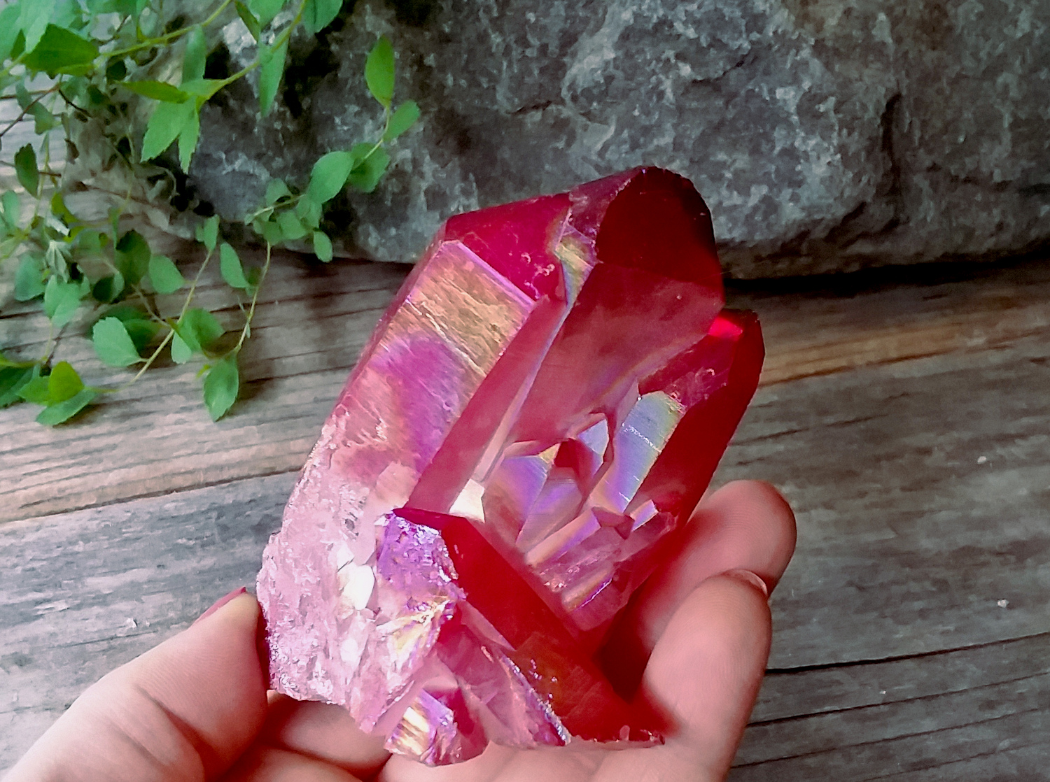 Hot pink rainbow aura crystal quartz cluster