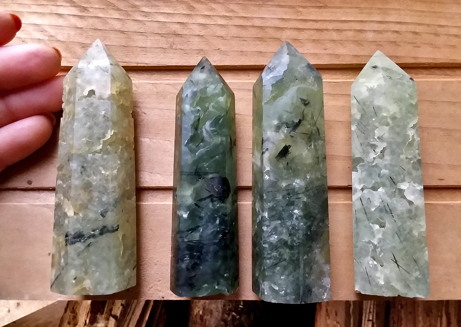 Prehnite & Green Epidote point tower - Click Image to Close