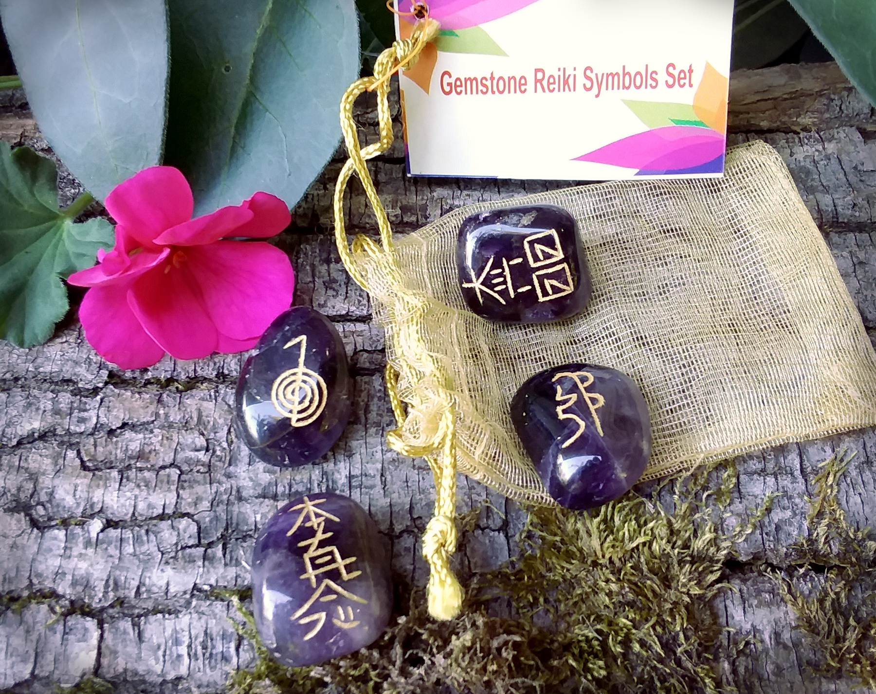 Reiki 4 piece gemstone symbol set with bag - Amethyst - Click Image to Close