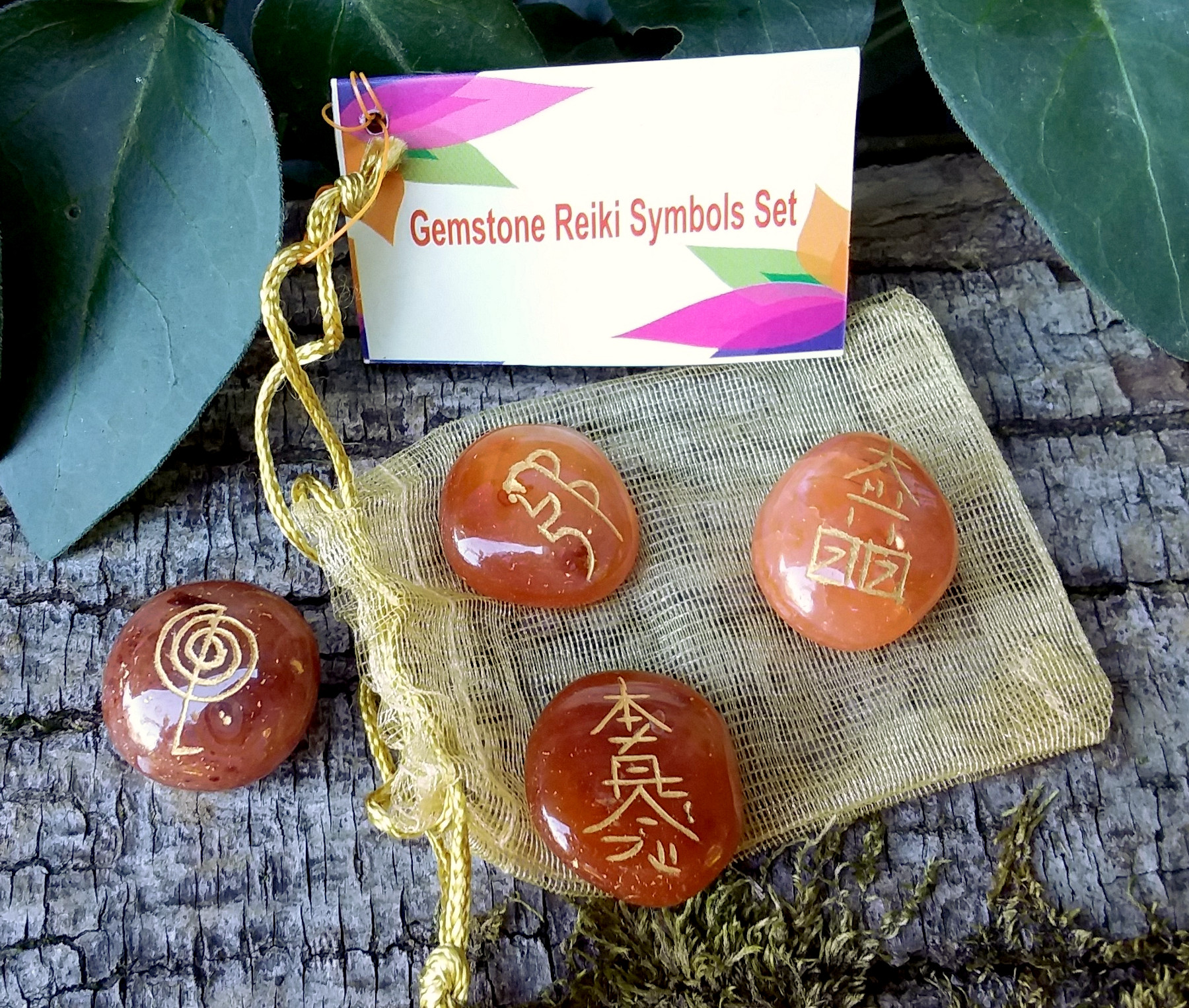 Reiki 4 piece gemstone symbol set with bag - Carnelian - Click Image to Close