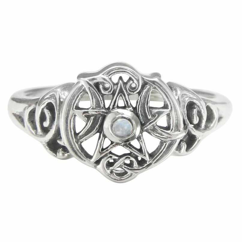 Heart Pentacle Ring with Rainbow Moonstone - sz 7 - Click Image to Close