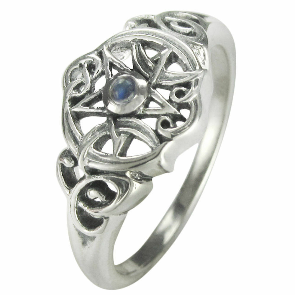 Heart Pentacle Ring with Rainbow Moonstone - sz 8 - Click Image to Close