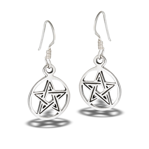 Dangle Pentagram Earrings - Sterling Silver - Click Image to Close