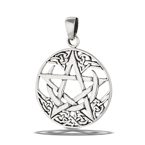 Celtic Crescent Moon With Pentagram Pendant - Click Image to Close