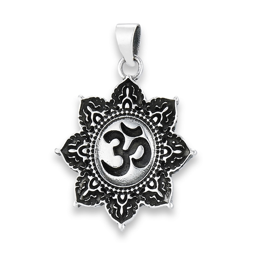 Tibetan OM in Lotus Pendant - Sterling Silver - Click Image to Close