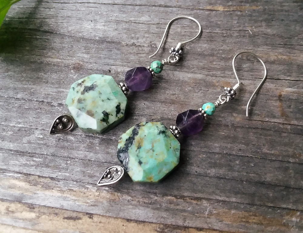 African Turquoise & Amethyst Crystal earrings in Sterling Silver - Click Image to Close