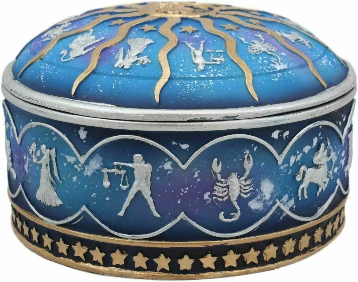 Zodiac Astrological Symbol Round Box - Blue & Gold - Click Image to Close