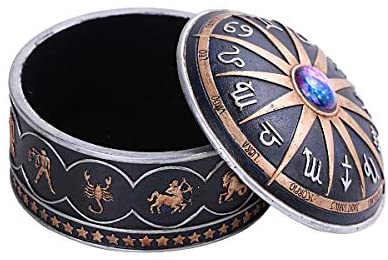 Zodiac Horoscope round trinket box - Black & Gold - Click Image to Close