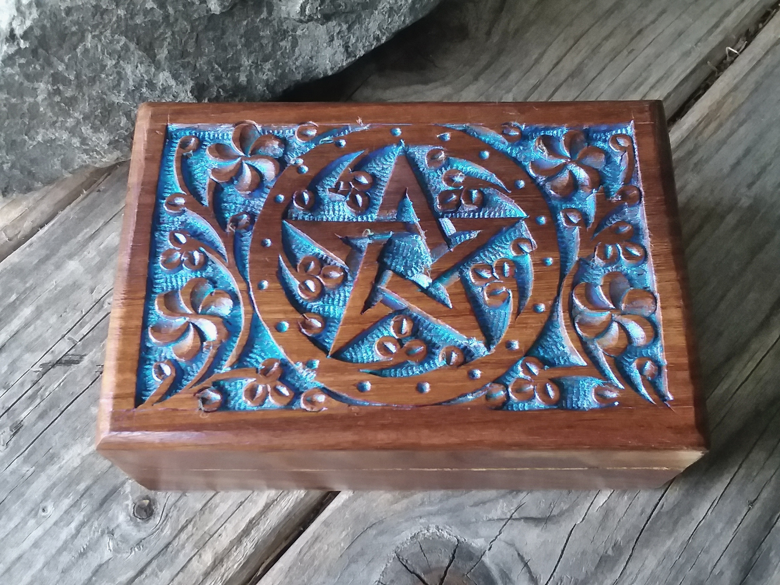 Pentacle floral carved wood box 4x6 Blue finish - Click Image to Close