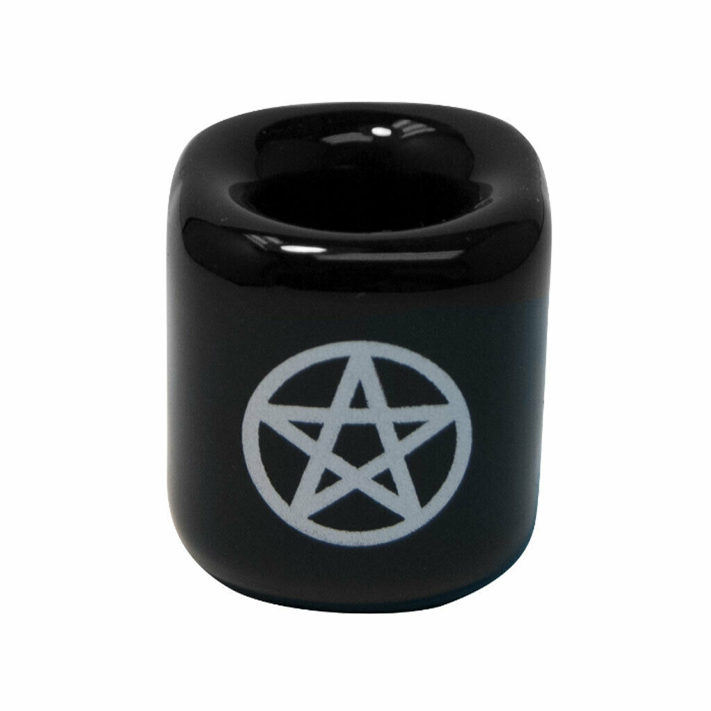 Black ceramic chime candle holder with silver Pentacle - Click Image to Close