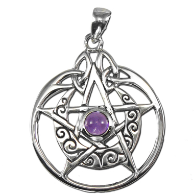 Sterling Silver Crescent Moon Pentacle Circle Pendant - Amethyst - Click Image to Close