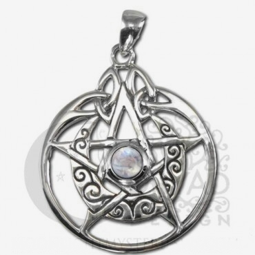 Crescent Moon Pentacle Circle Pendant with Rainbow Moonstone - Click Image to Close