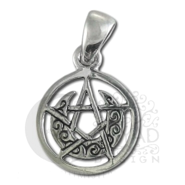 Sterling Silver Tiny Crescent Moon Pentacle Circle Pendant - Click Image to Close