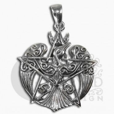 Sterling Silver Crescent Raven Pentacle Pendant - Click Image to Close