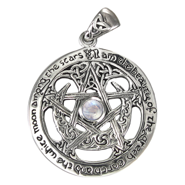 Extra Large Cut Out Moon Pentacle Pendant - Rainbow Moonstone - Click Image to Close