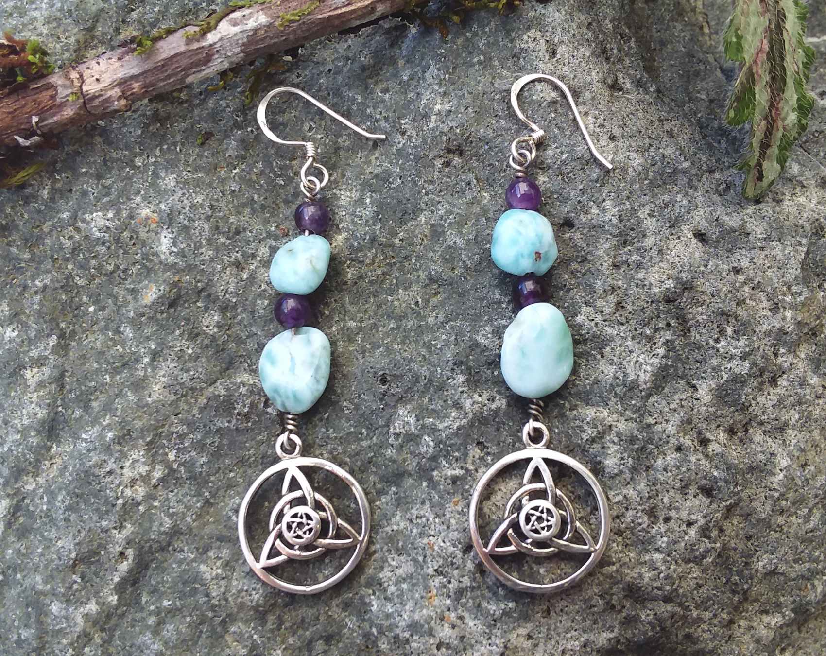 Amethyst & Larimare Triquetra and Pentacle earrings