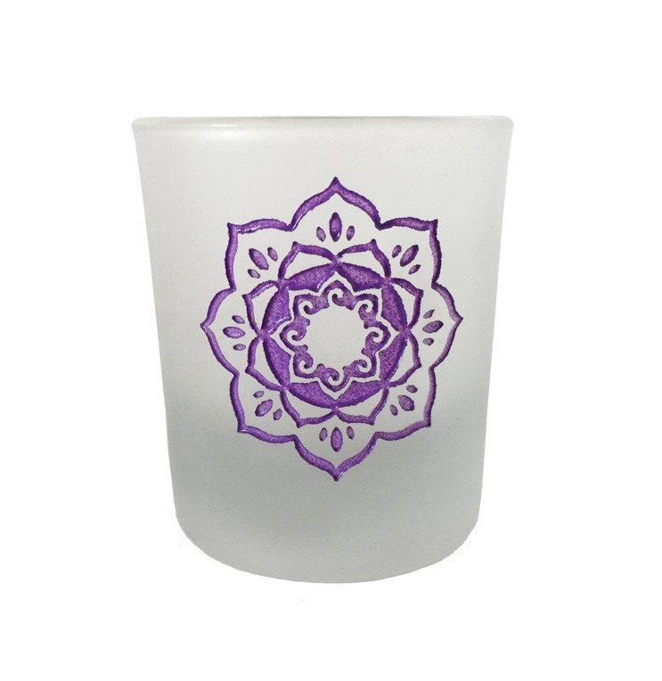 Lotus - etched glass votive candle holder - Click Image to Close