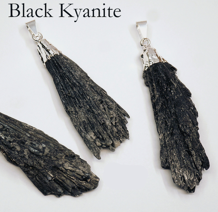 Rough Black Kyanite Fan Blade Pendant on necklace cord
