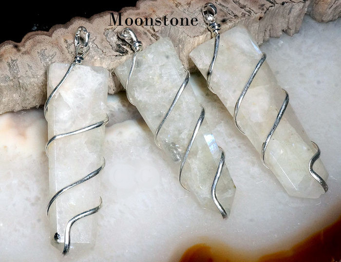 Large White Moonstone Point with Silver Spiral Wrapped Pendant - Click Image to Close